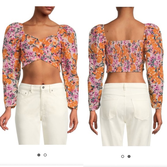 Something Navy Puff Sleeve Floral Crop Top Womens Size‎ XXS Linen Blend NEW - Picture 1 of 11